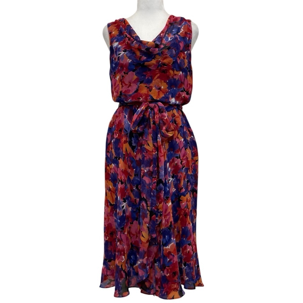 Lauren Ralph Lauren Watercolor Floral Cowl Neck Belted Waist Midi Dress